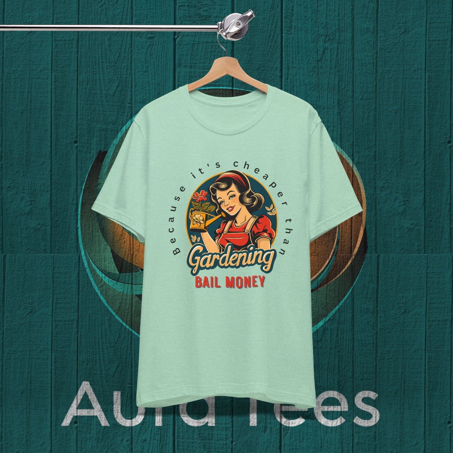 Retro gardening bail tee black text