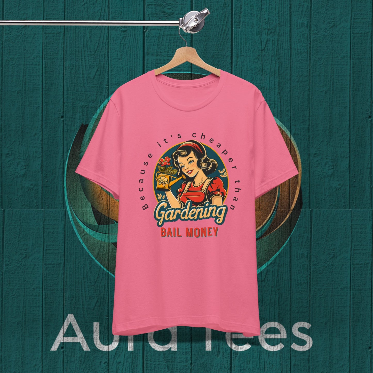 Retro gardening bail tee black text