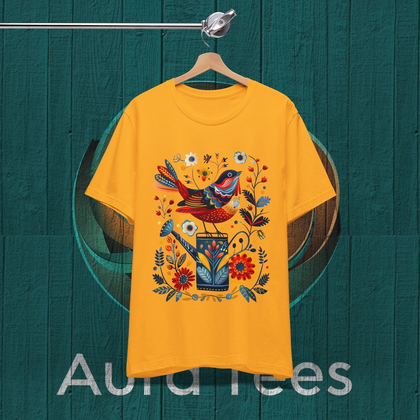 folk art bird on can tee