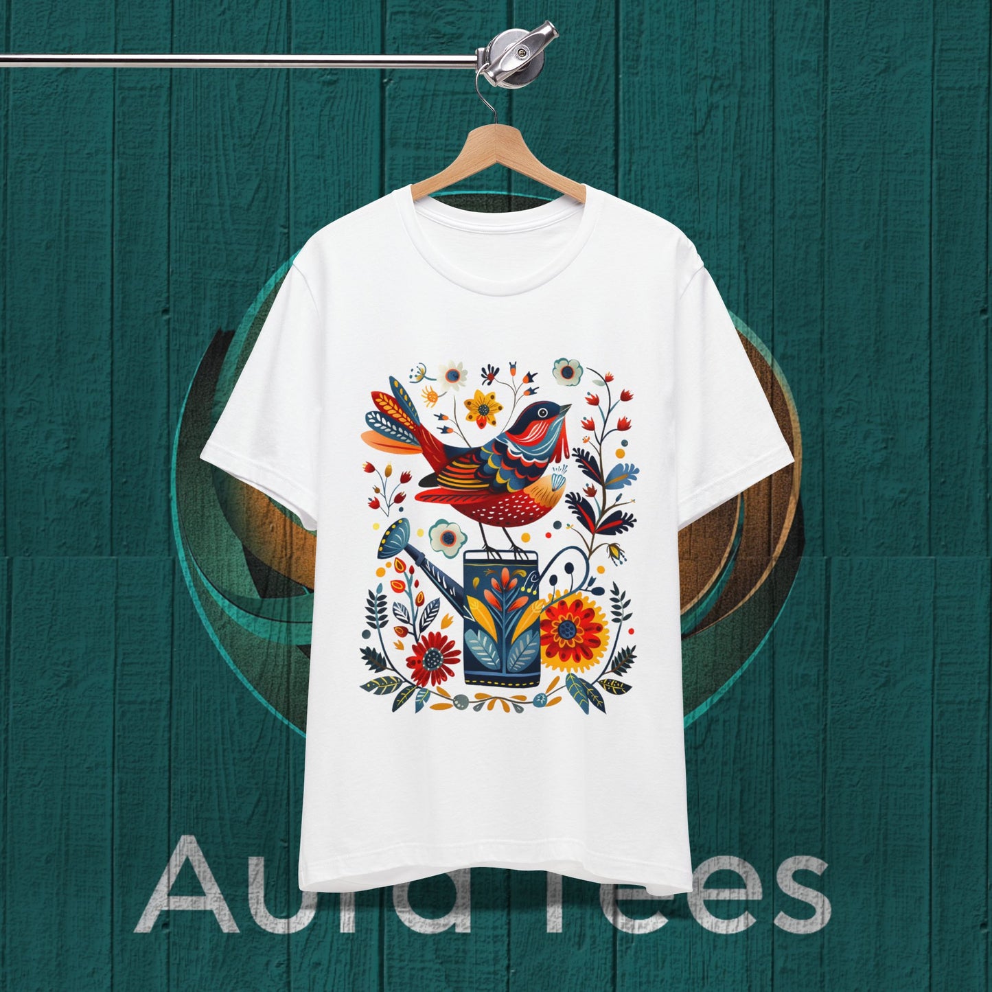 folk art bird on can tee
