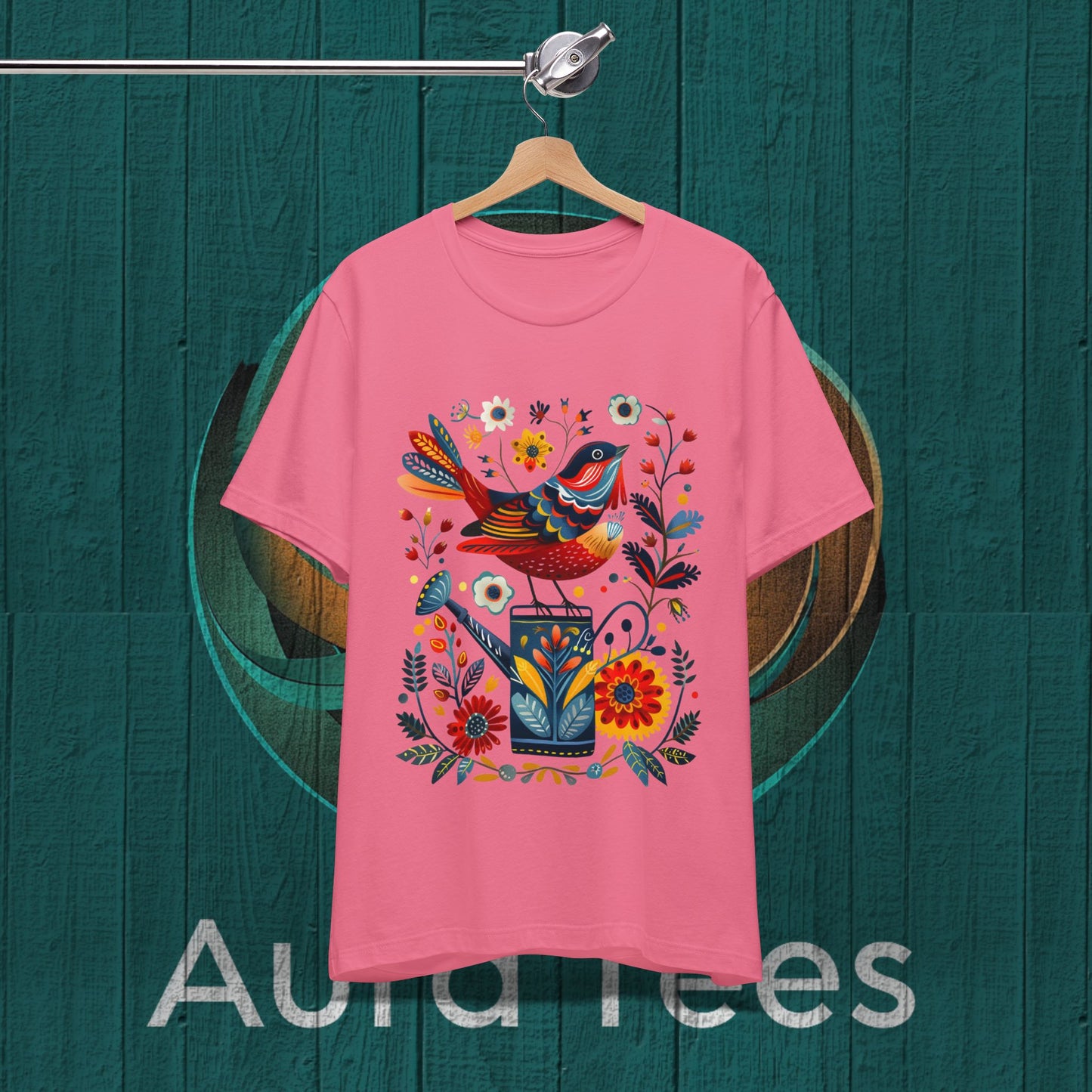folk art bird on can tee