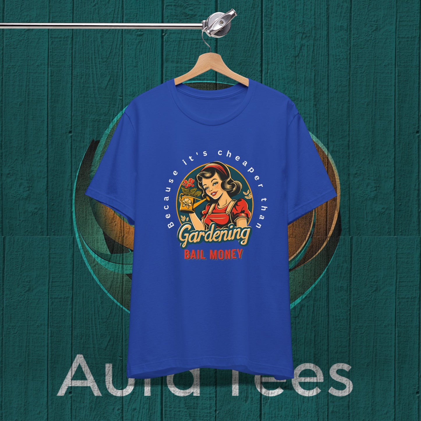 Retro gardening bail tee white text