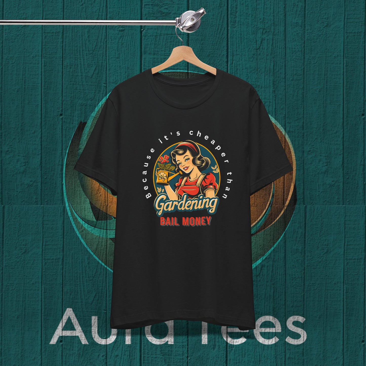 Retro gardening bail tee white text
