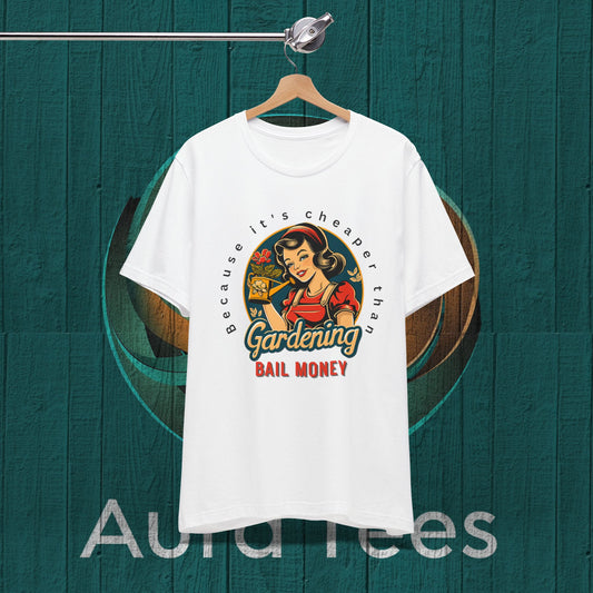 Retro gardening bail tee black text