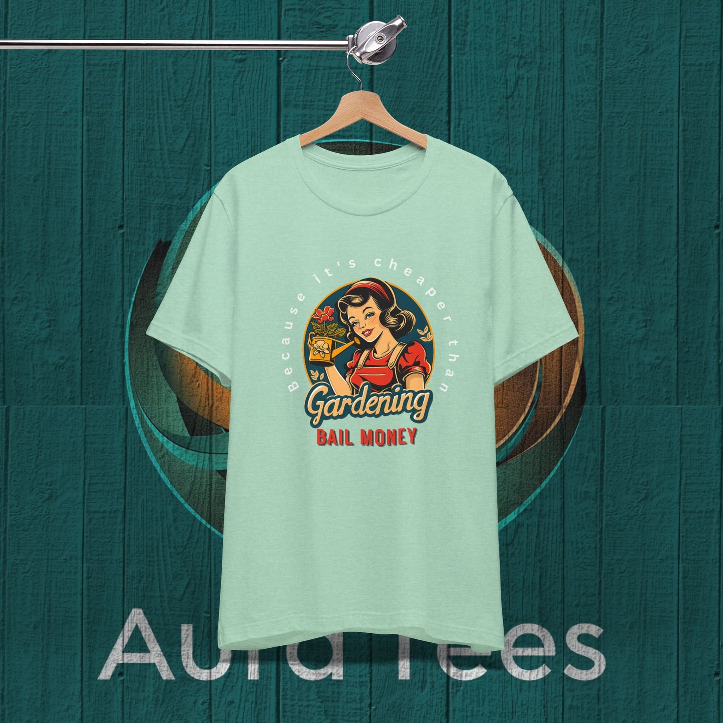 Retro gardening bail tee white text