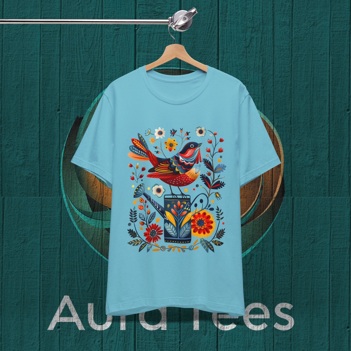 folk art bird on can tee