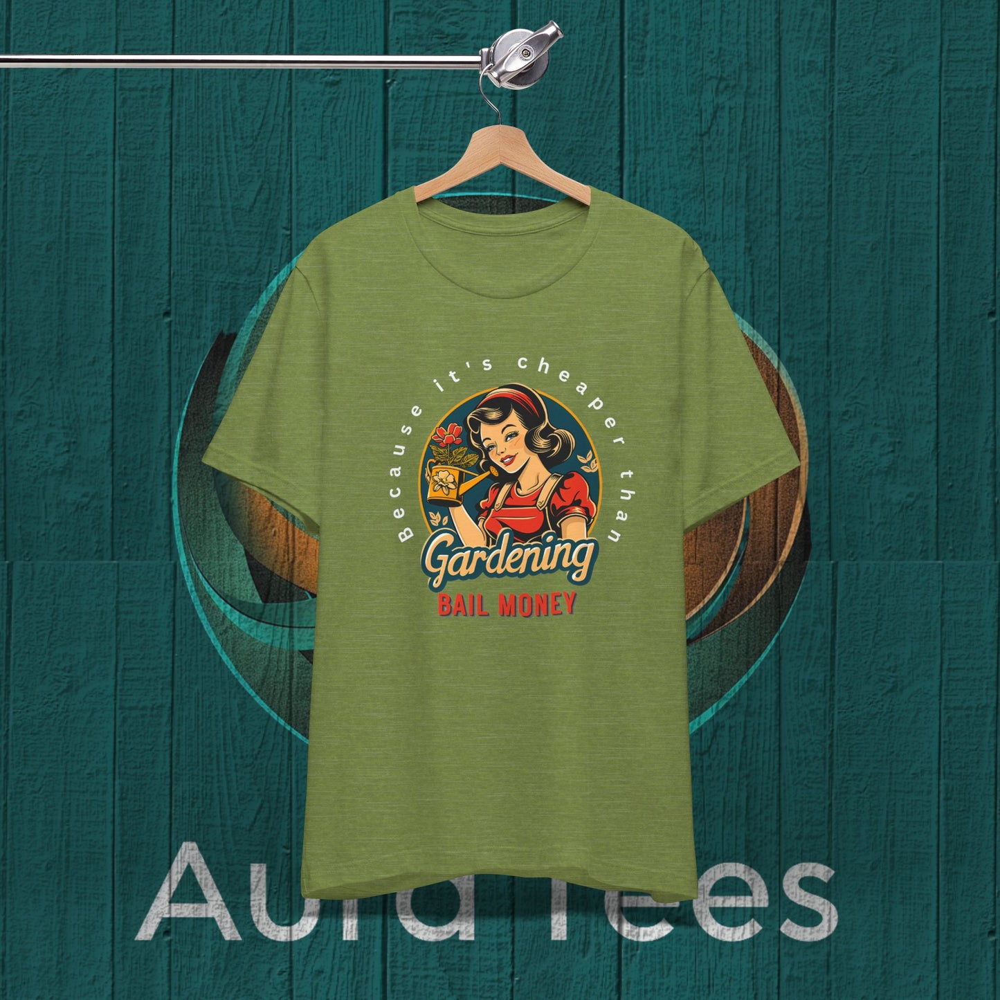 Retro gardening bail tee white text