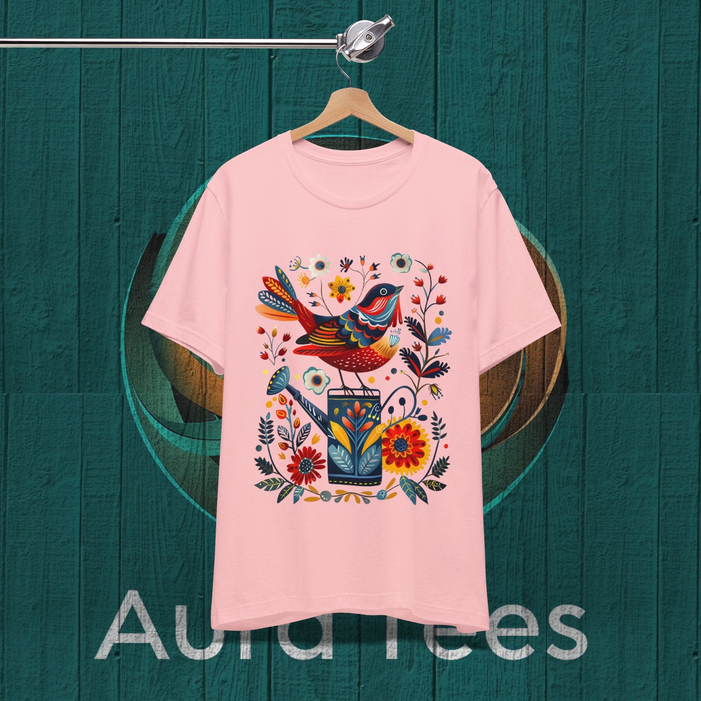 folk art bird on can tee