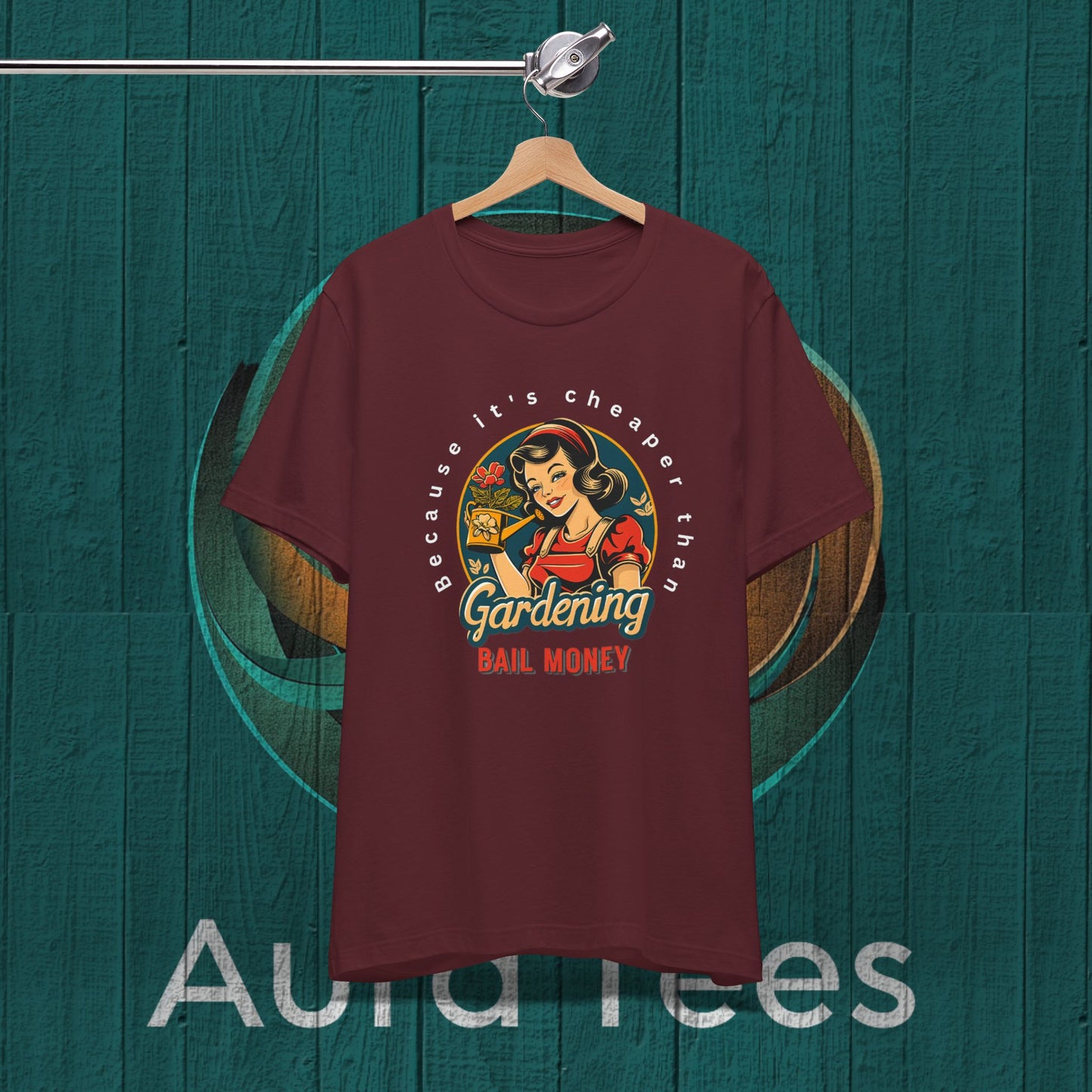 Retro gardening bail tee white text