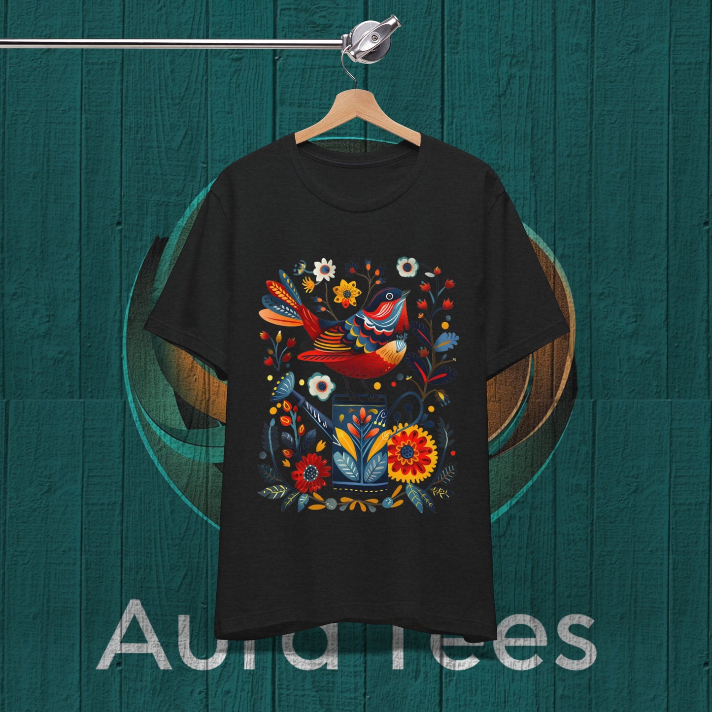 folk art bird on can tee