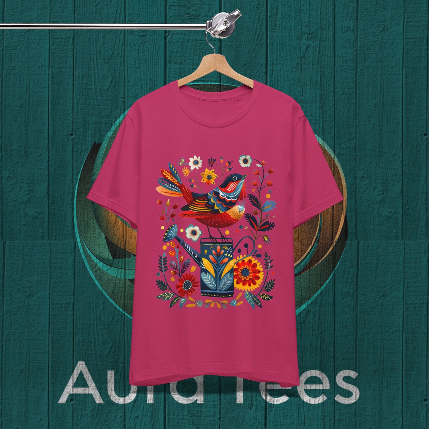 folk art bird on can tee