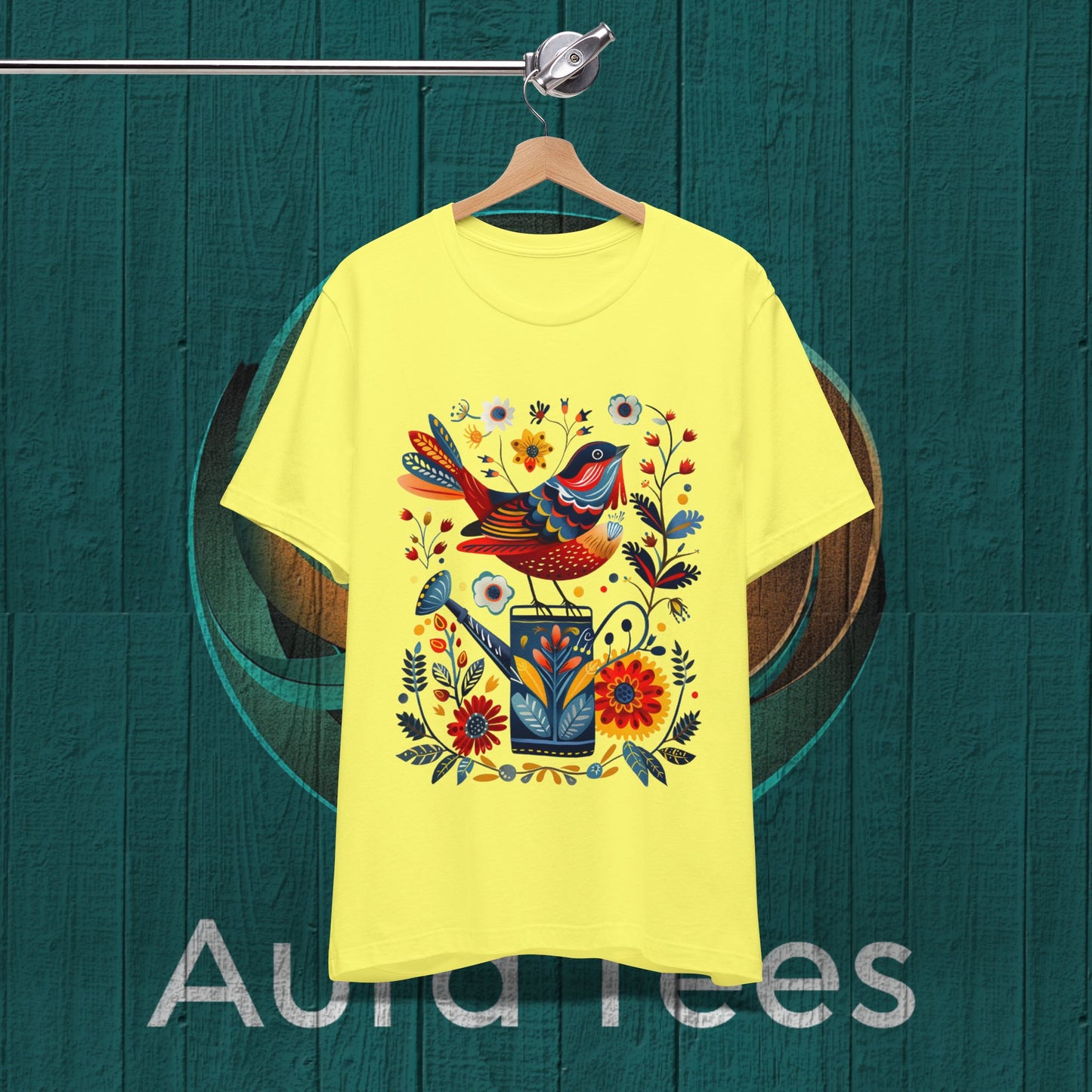 folk art bird on can tee